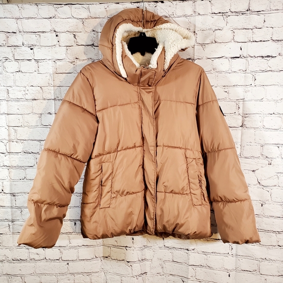 Madden Girl Rose Gold Puffer Jacket Size M Full Zip Sherpa Hooded - Picture 1 of 16